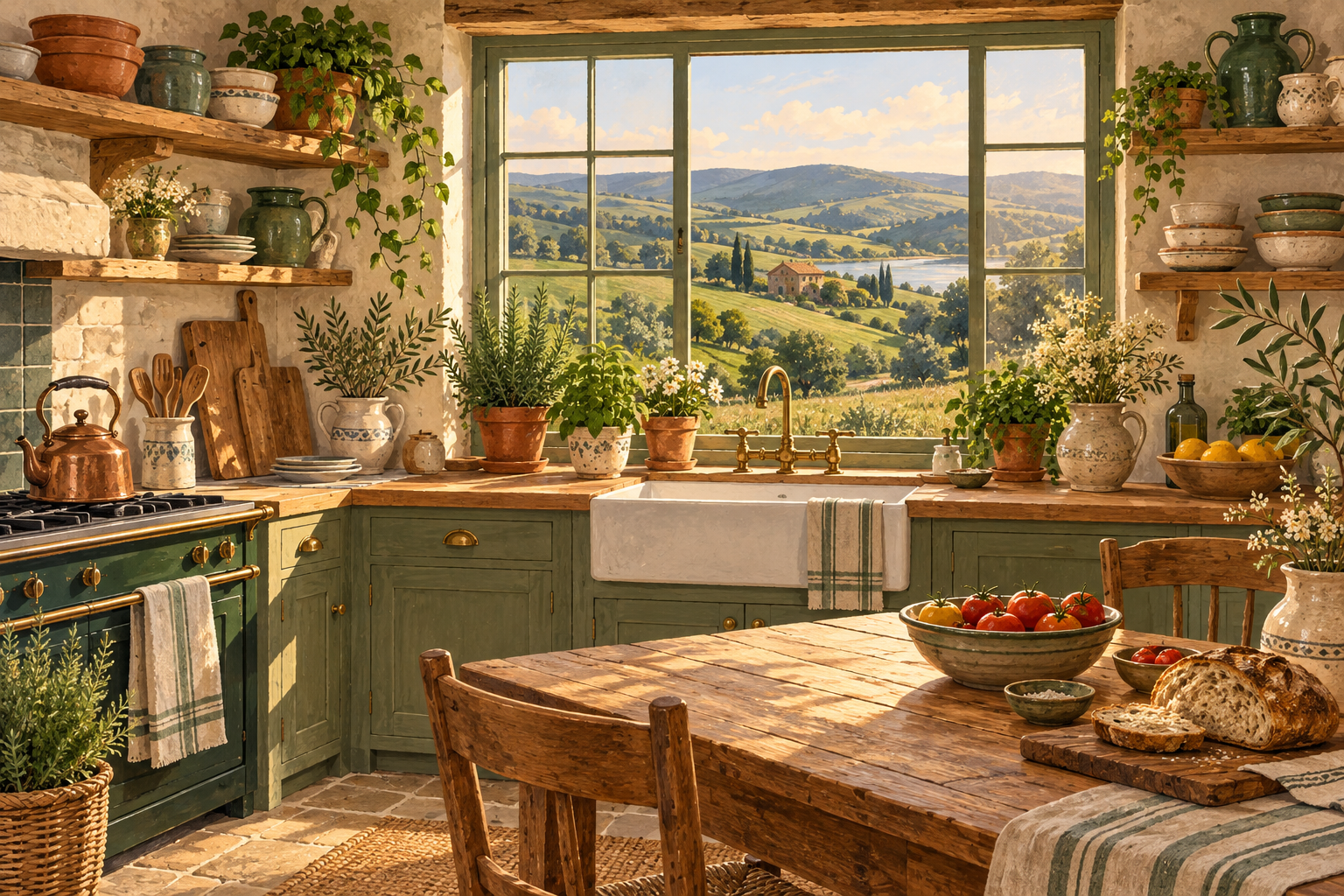 A cozy country kitchen overlooking rolling green hills